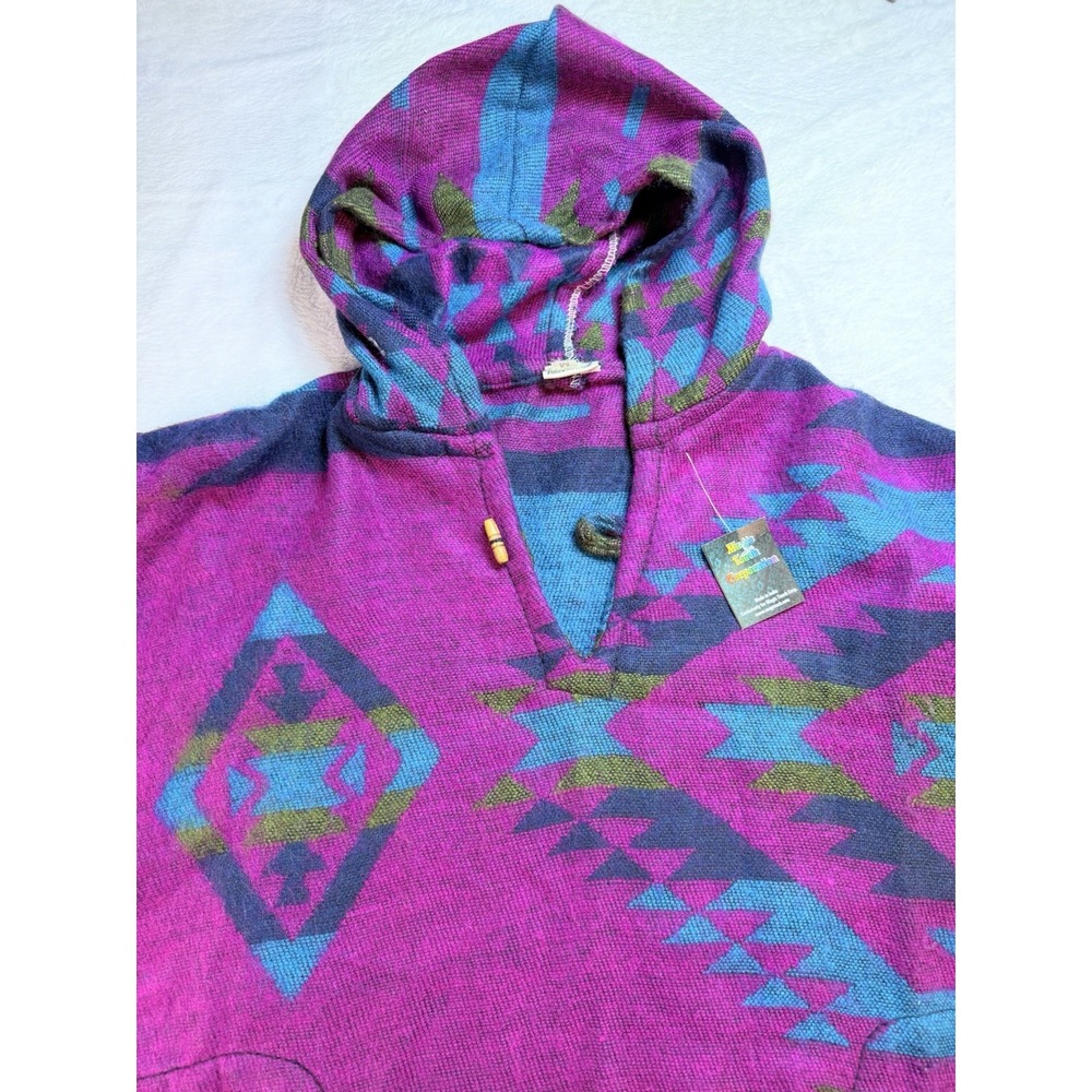 Vtg Magic Touch Southwestern 100% Pure Wool Hooded Pullover Fringe India Sz M - Picture 2 of 10